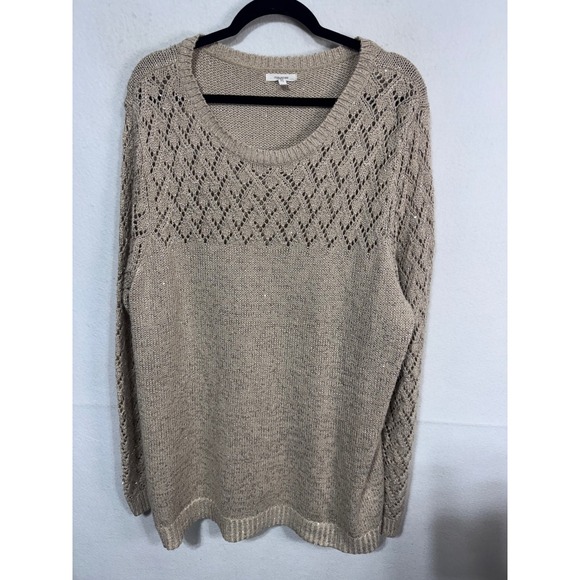 Maurices Womens Knit Sweater Beige Open Weave Sequin Long‎ Sleeve Crew Neck 3X - Picture 7 of 8